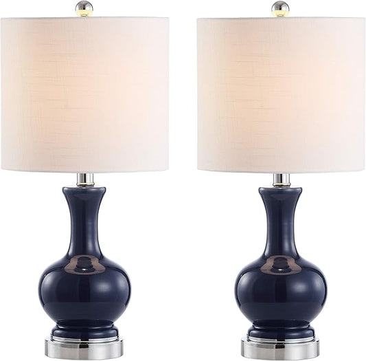 JONATHAN Y 22" Navy/Chrome Modern Glass Table Lamp Set of 2, Brass Gold Bedside Lamp with White Linen Shade for Bedroom Living Room, LED Bulbs Included (JYL4033C-SET2)