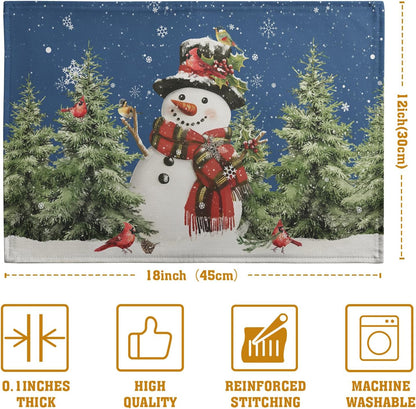 Blue Snowman Christmas Placemats Set of 4 Xmas Tree Cardinal Snowflakes Linen Table Mats Seasonal Winter Holiday Place Mats Washable Placemat for Party Kitchen Dining Outdoor Indoor Decor