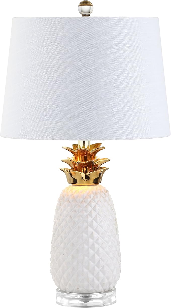 JONATHAN Y 23" White/Gold Pineapple Ceramic Table Lamp for Bedroom Decor, Modern Whimsical Bedside Nightstand Lamp with White Linen Drum Shade and LED Bulb (JYL4019C)