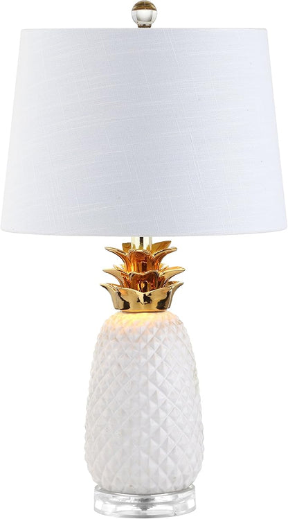 JONATHAN Y 23" White/Gold Pineapple Ceramic Table Lamp for Bedroom Decor, Modern Whimsical Bedside Nightstand Lamp with White Linen Drum Shade and LED Bulb (JYL4019C)