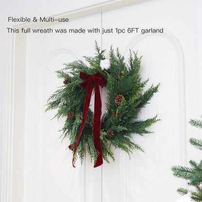 2PCS 6FT Christmas Cedar Garland Full Real Touch Artificial Green Faux Cypress Realistic Pine Garland for Mantle Fireplace Table Home Decoraiton