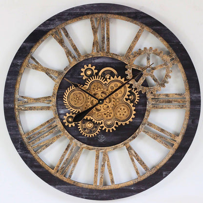 The Gears Clock 36'' Inch Real Moving Gear Wall Clock Vintage Industrial Oversized Rustic Farmhouse (Vintage Black Wood and Bronze)