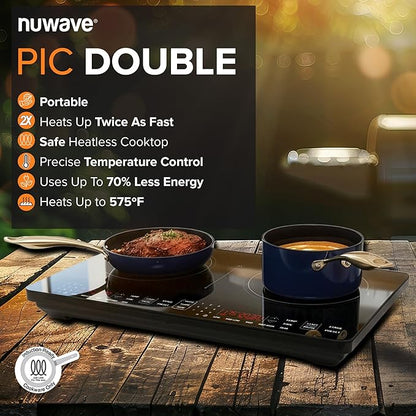Nuwave Double Pro Cooktop Induction Countertop Burner, Portable, 900/1500/1800W with Dynamic Watt Technology, 50°F to 575°F, 8” Heating Coil, Shatter-Proof Ceramic Glass, Seamless IMD Touch Panel