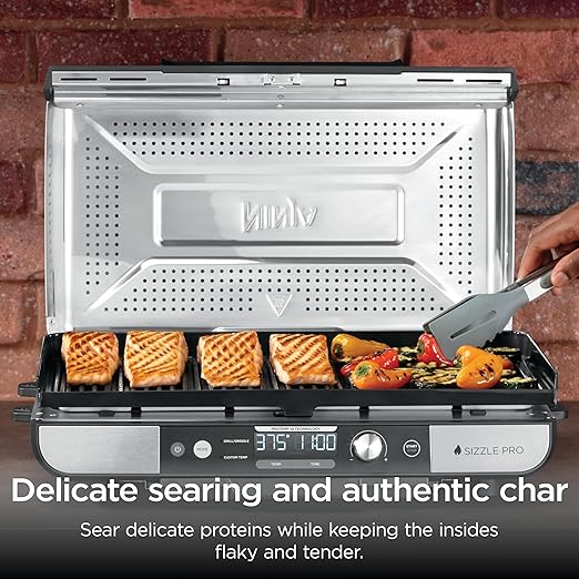 Ninja Sizzle Pro XL 20-Inch Indoor Griddle + Grill, Detachable Ventilated Lid, Grease Control, Ceramic Nonstick Plates, Even Edge Cooking, Extra Large Capacity, Versatile, Silver, GX101