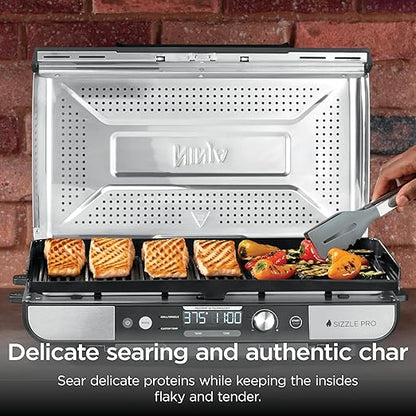 Ninja Sizzle Pro XL 20-Inch Indoor Griddle + Grill, Detachable Ventilated Lid, Grease Control, Ceramic Nonstick Plates, Even Edge Cooking, Extra Large Capacity, Versatile, Silver, GX101