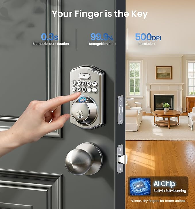 Veise Fingerprint Door Lock with 2 Knobs - Keyless Entry Door Lock with Handle, Electronic Keypad Deadbolt, Smart Front Handle Set, Auto-Locking, Waterproof, Easy Installation, Satin Nickel