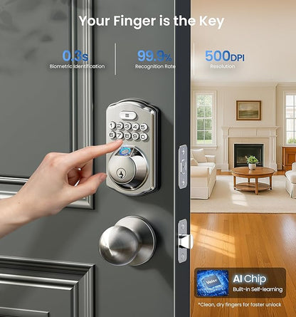 Veise Fingerprint Door Lock with 2 Knobs - Keyless Entry Door Lock with Handle, Electronic Keypad Deadbolt, Smart Front Handle Set, Auto-Locking, Waterproof, Easy Installation, Satin Nickel