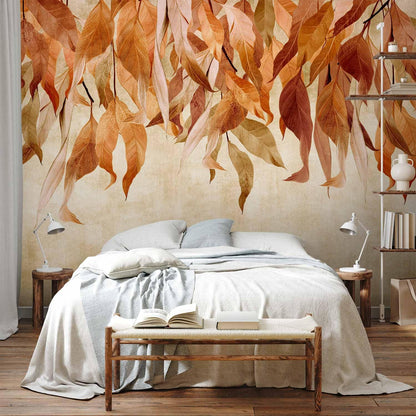 artgeist Wall Mural Hanging Leaves 98x69 in - Non-Woven Wallpaper Fleece Wall Decor Photo Print Picture Image Design Nature Botanical Concrete Orange Beige b-C-10146-a-c