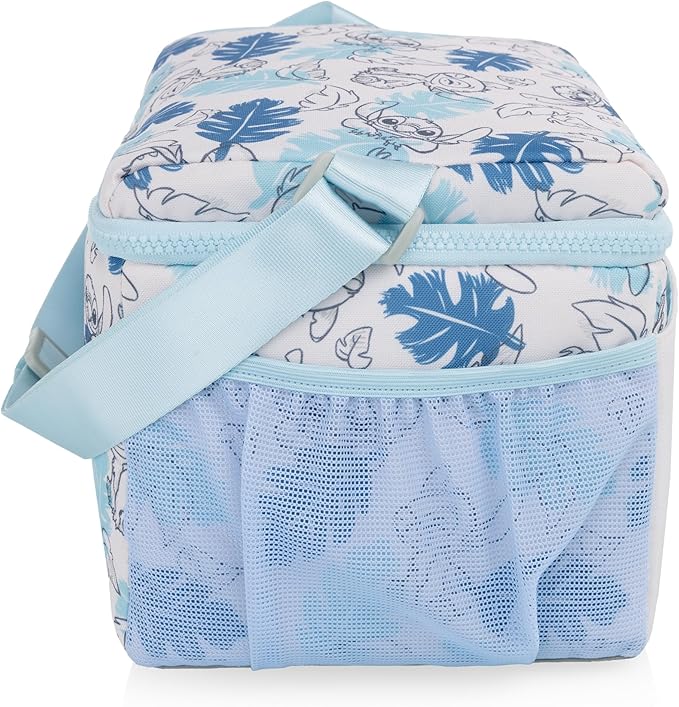 PICNIC TIME Disney Lilo & Stitch Modern Lunch Cooler, Insulated Lunch Box for Work, Travel, and Outdoor Use, Waterproof Cooler Bag with Adjustable Strap and Mesh Pockets, (White with Blue Leaf Design)
