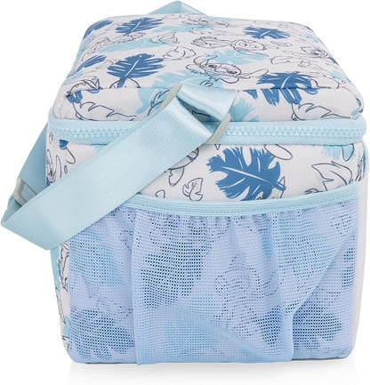PICNIC TIME Disney Lilo & Stitch Modern Lunch Cooler, Insulated Lunch Box for Work, Travel, and Outdoor Use, Waterproof Cooler Bag with Adjustable Strap and Mesh Pockets, (White with Blue Leaf Design)