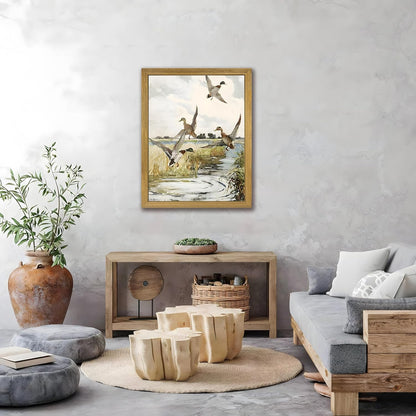 Framed Vintage Duck Wall Art Print, Rustic Mallard Watercolor Canvas Poster Wall Decor, Country Wildlife Bird Illustration for Farmhouse Living Room Kitchen Bedroom Decor 16x24 Inch