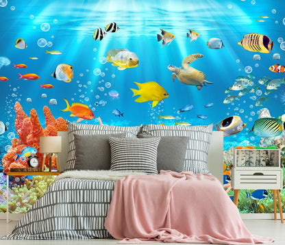 Undersea Wallpaper The Underwater World Turtle Goldfish Clown Fish Wall Mural for Bedroom Living Room (Not Peel n' Stick)
