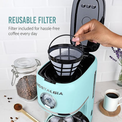 Nostalgia Classic Retro 10 Cup Coffee Maker - One-Touch Drip Brew, Reusable Filter - Anti-Drip, Auto Shutoff, & Time Display - Dishwasher Safe 50 oz Carafe - Aqua