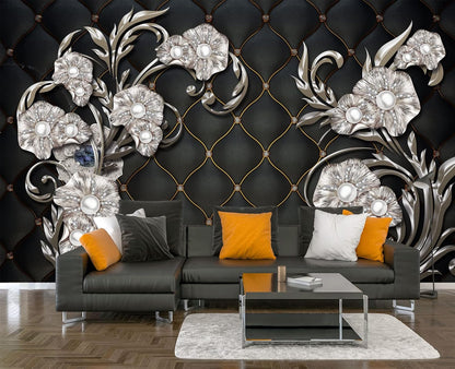 Black Hard Wrapped Pearl Embossed Flowers Wall Mural Wallpaper for Bedroom 103" x 69"