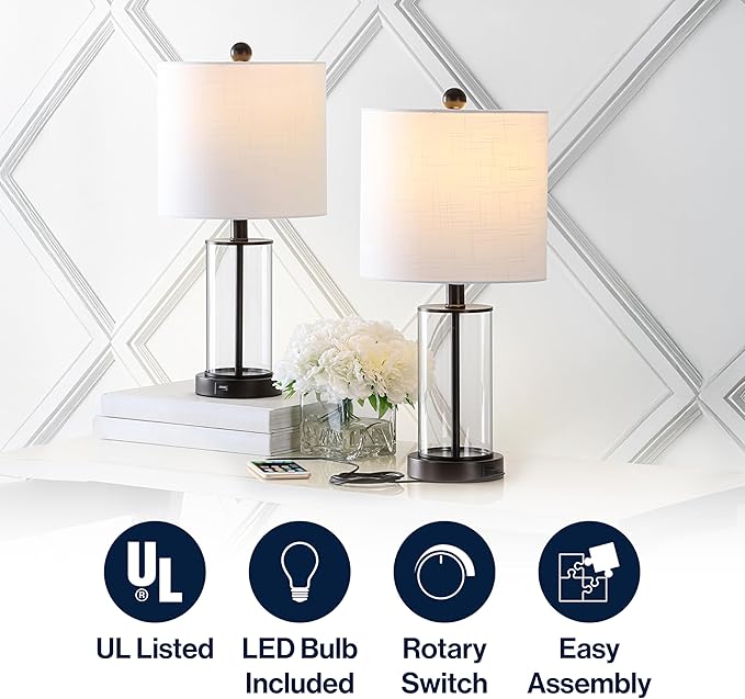 JONATHAN Y 21" Oil Rubbed Bronze/Clear Modern Glass Table Lamp Set of 2, Bedside Nightstand Lamps with USB Charging Port, White Linen Shade, LED Bulbs Included JYL8500A-SET2