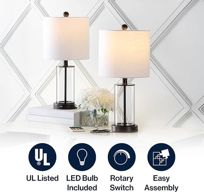 JONATHAN Y 21" Oil Rubbed Bronze/Clear Modern Glass Table Lamp Set of 2, Bedside Nightstand Lamps with USB Charging Port, White Linen Shade, LED Bulbs Included JYL8500A-SET2