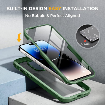 Miracase Glass Series for iPhone 14 Pro Case 6.1 Inch, Full-Body Clear Bumper Case with Built-in 9H Tempered Glass Screen Protector, with Camera Lens Protector, Acacia Green