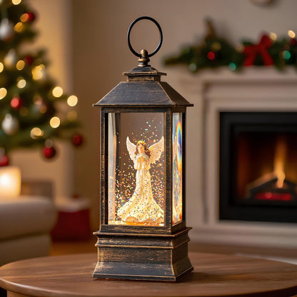 Christmas Snow Globe Lantern Water Glittering Angel with Dove, USB Lined/Battery Operated Lighted Lantern for Christmas Festival Decoration Gifts