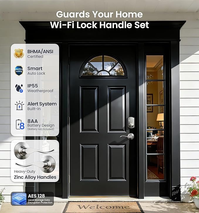 Veise VE012W-B Wi-Fi Fingerprint Smart Lock with Handle Set, Remote App Control, Keyless Entry Front Door Lever, Built-in WiFi No Hub Needed, Backlit Keypad Deadbolt, Auto-Locking, Satin Nickel