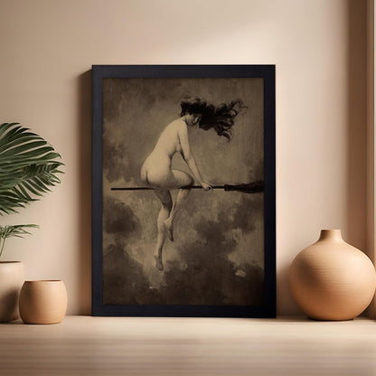 Poster Master Vintage Albert Joseph Penot Poster - Retro Halloween Print - Gift for Artist, Friend - Departure for the Sabbath, Naked Witch on Broom - Wall Decor for Bedroom, 16x20 Black Framed
