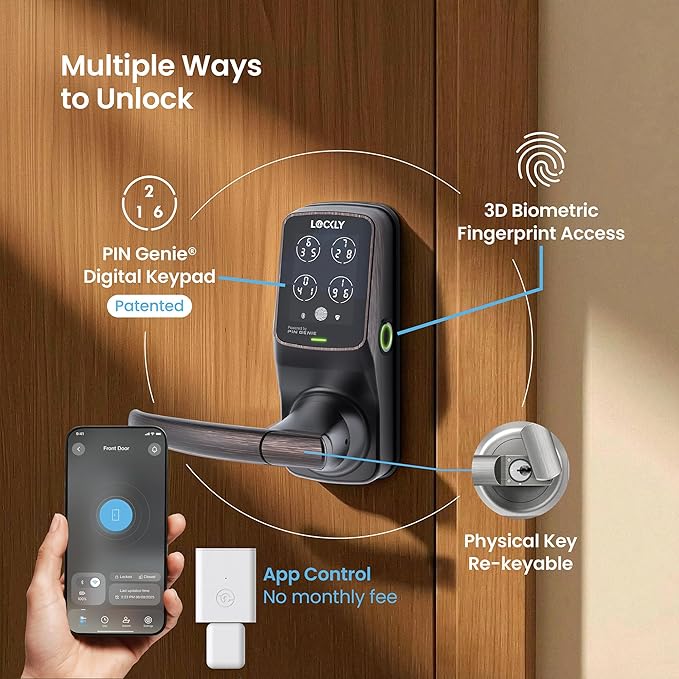 Lockly Secure Pro Smart Lock Wi-Fi, Keyless Entry Digital Keypad Door Lock, 3D Biometric Fingerprint Sensor Front Door with Handle, Voice Control & Auto Lock - Latch Edition