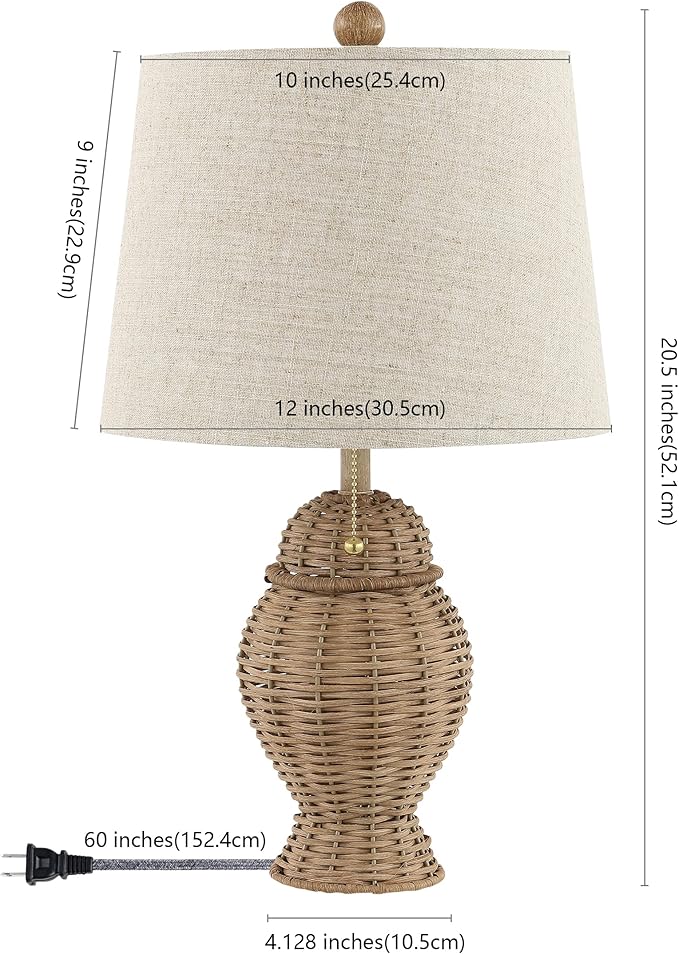 JONATHAN Y 20.5" Natural Wicker Table Lamp Set of 2, Bohemian Rustic Farmhouse Bedside Lamps for Living Room, Nightstand Desk Lamps with Beige Linen Shade, LED Bulbs Included JYL4041A-SET2