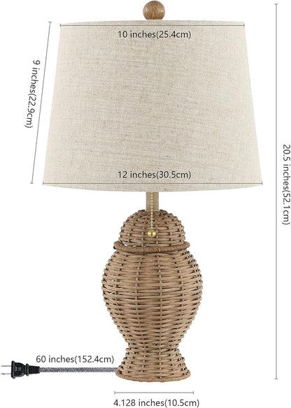 JONATHAN Y 20.5" Natural Wicker Table Lamp Set of 2, Bohemian Rustic Farmhouse Bedside Lamps for Living Room, Nightstand Desk Lamps with Beige Linen Shade, LED Bulbs Included JYL4041A-SET2