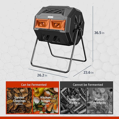 East Oak Compost Tumbler Outdoor, 43-Gallon Tumbling Compost Bin with 2 Sliding Orange Doors & Aeration System, Tumbling Rotating Composter Bin for Kitchen, Garden, Yard,