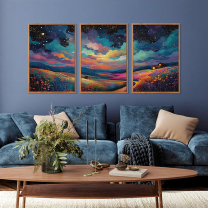 KAIRNE Framed Abstract Midnight Canvas Wall Art,Starry Night Prints Set of 3(16”X24”),Colorful Wildflowers Wall Decor,Nature Night Scene Paintings for Living Room Bedroom office Farmhouse Decoration
