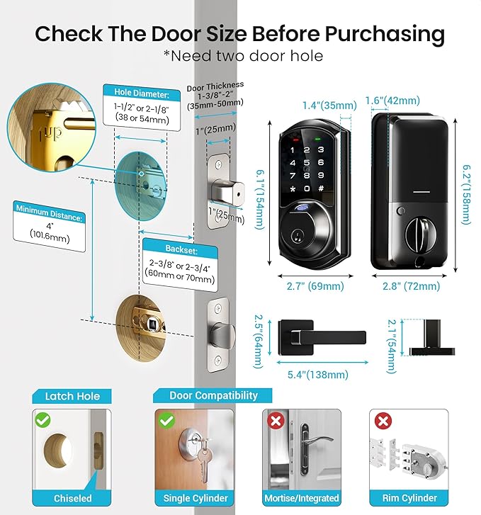Veise VE07-L Fingerprint App Control Smart Locks with Heavy-Duty Zinc Alloy Handles, Keyless Entry for Front Door, Digital Electronic Touchscreen, Auto Lock, Waterproof, Easy Install, Matte Black