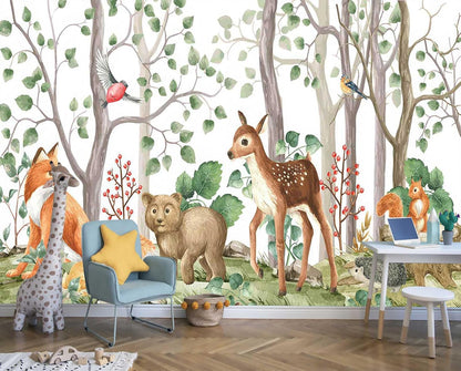 Cute Forest Animals Green Plants Trees Grasslands Composition Watercolor Mural for Interior Wall Decoration（Not Peel and Stick）