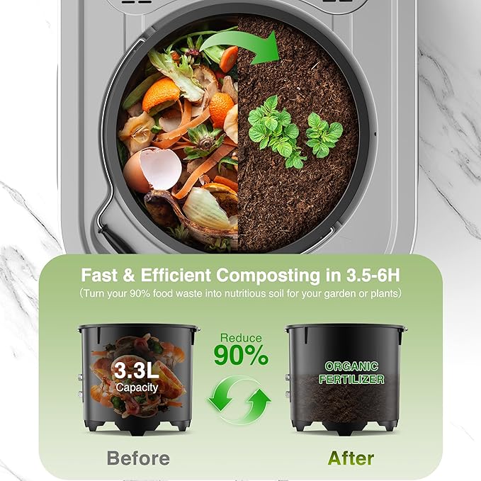 3.3L(Max) Electric Composter for Kitchen, Smart Compost Bin with LED Display, Low Noise|Odorless|Auto-Cleaning, Food Waste Compost Machine, Turn Food Waste to Fertilizer in 3.5-6H for Indoor Home Use