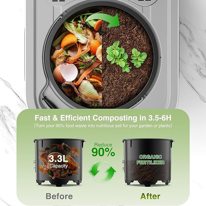 3.3L(Max) Electric Composter for Kitchen, Smart Compost Bin with LED Display, Low Noise|Odorless|Auto-Cleaning, Food Waste Compost Machine, Turn Food Waste to Fertilizer in 3.5-6H for Indoor Home Use