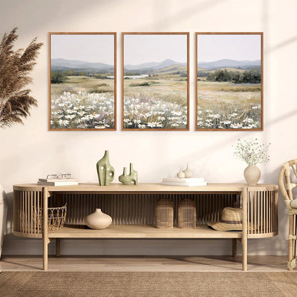 KAIRNE Landscape Canvas Wall Art,Boho Floral Prints Set of 3(16”X24”),Flower Garden Paintings,Wildflower Field Scene Wall Decor,Botanical Art for Living Room Bedroom Kitchen Farmhouse Decor,Framed