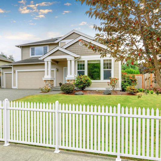 Patio 5 Sets Vinyl Picket Fence Panels 30" H x 84" W White PVC Decorative Fence for Front Yard Porch Patio Deck Pool Air Conditioner Fence Safety Dog Fence (34 Pickets, Straight)