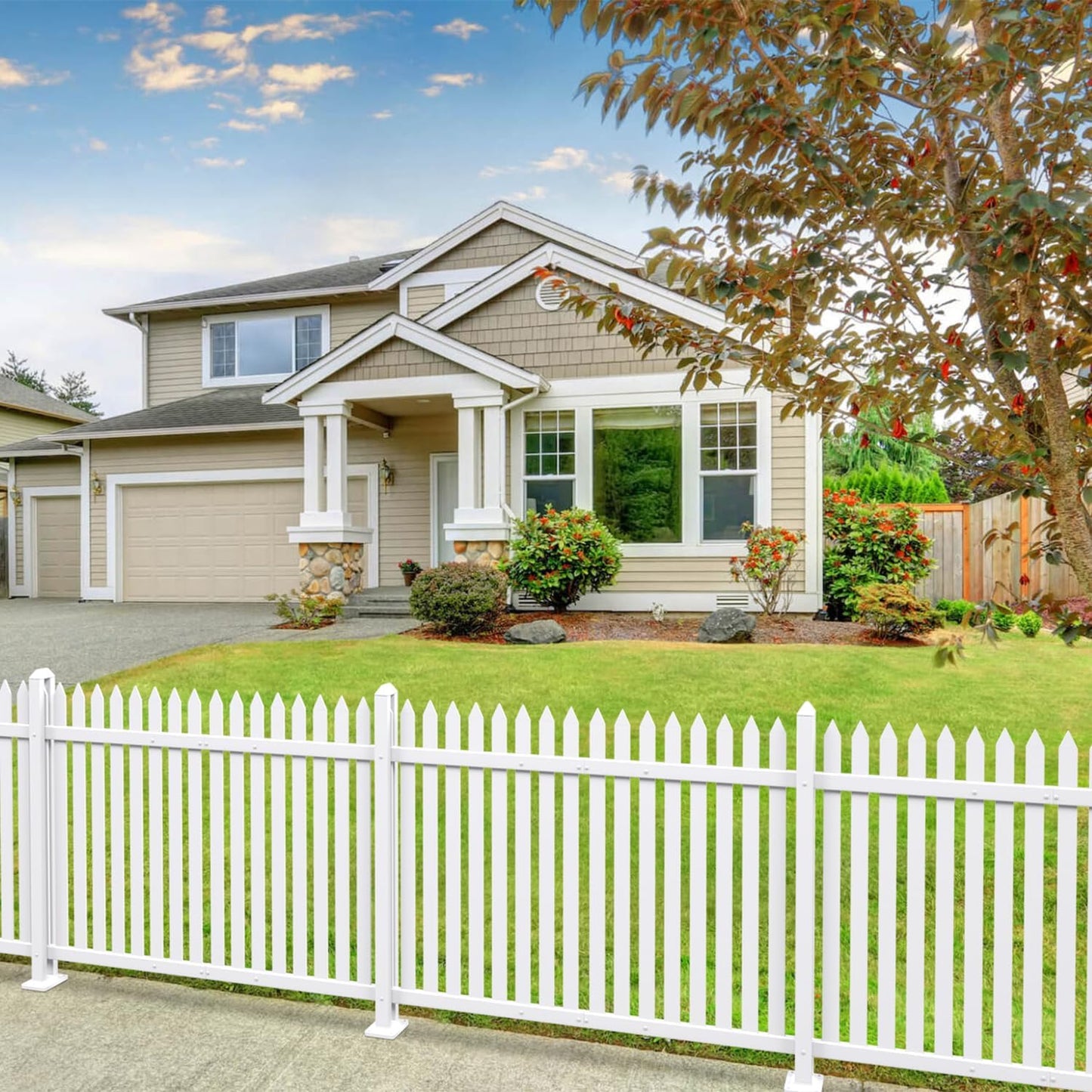 Patio 6 Sets Vinyl Picket Fence Panels 36" H x 84" W White PVC Decorative Fence for Front Yard Porch Patio Deck Pool Air Conditioner Fence Safety Dog Fence (34 Pickets, Straight)