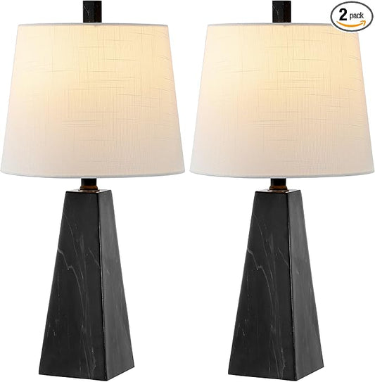 JONATHAN Y 20.5" Black Marble Finish Modern Resin Table Lamp for Bedroom Living Room, Contemporary Faceted Bedside Lamp with White Linen Shade, LED Bulb Included (JYL1037D-SET2)