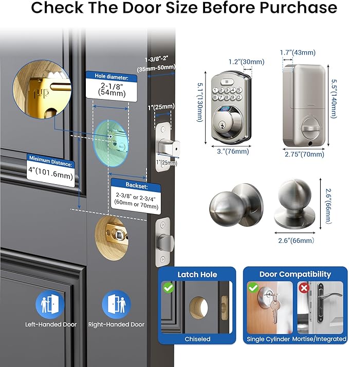 Veise Fingerprint Door Lock with 2 Knobs - Keyless Entry Door Lock with Handle, Electronic Keypad Deadbolt, Smart Front Handle Set, Auto-Locking, Waterproof, Easy Installation, Satin Nickel