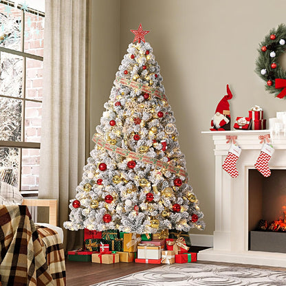GarveeHome 7.5ft Prelit Artificial Christmas Tree with Warm White Lights, Snow Flocked Full Xmas Tree with 1050 Branch Tips, 450 LED Lights & Foldable Stand, Green & White Christmas Decorations