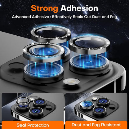 Camera Lens Protector for iPhone 16 Pro Max/16 Pro/15 Pro Max/15 Pro/14 Pro Max/14 Pro, Sapphire Glass Metal Individual Camera Cover Screen, Anti-drop, Case Friendly- Glitter Black Titanium
