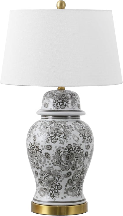 JONATHAN Y 29.5" Gray/White Ceramic Table Lamp for Living Room and Office, White Linen Drum Shade, Traditional Chinoiserie Ginger Jar Lamp, LED Bulb Included (JYL3008B)