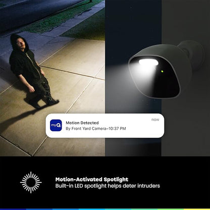 myQ Outdoor Battery Camera | 2K Camera, Color Night Vision, Spotlight, Motion Alerts, Live View with Two-Way Talk, Wireless, Weather-Resistant, Outdoor, White, 3 Pack