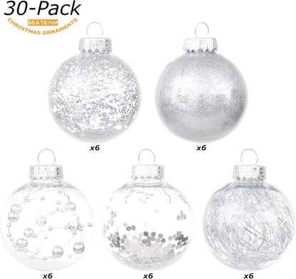 Sea Team Shatterproof Clear Plastic Christmas Ball Ornaments Decorative Xmas Balls Baubles Set with Stuffed Delicate Decorations (60mm/2.36 inch 30-Pack, Silver)