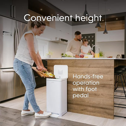 Kitchen Compost Bin, White Stainless-Steel Large, 3.6 Gallon, Indoor Odorless Composting, Hands-Free, Washable Parts, Includes 8 Tear-Off Compostable Bags and 1 Carbon Filter