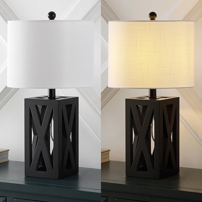 JONATHAN Y 21.5" Black Farmhouse Wood Table Lamp for Bedside and Living Room, White Linen Drum Shade, Rustic Modern Desk Lamp for Bedroom, LED Bulb Included (JYL1062C-SET2)