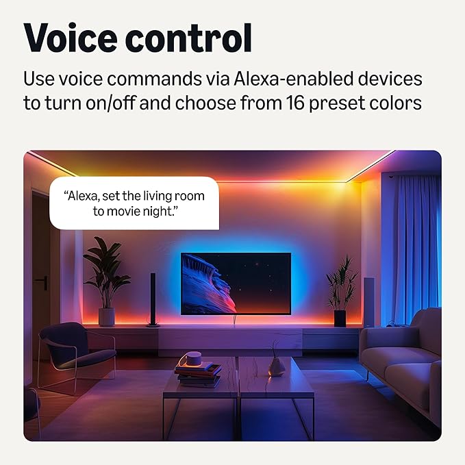 Amazon Basics Smart LED Light Strip, 32.8 Feet (2 Rolls of 16.4 Feet), RGB + Tunable White, Color Changing, App Control, Voice Control, Works with Alexa Only, 2.4 GHz Wi-Fi, No Hub Required