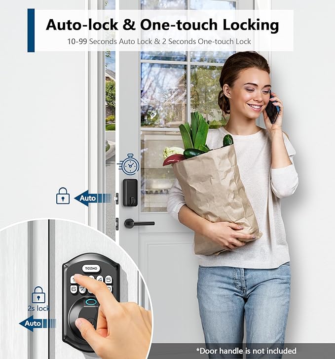 TEEHO TE002 Fingerprint Door Lock - Keyless Entry Electronic Keypad Deadbolt with 2 Backup Keys - Auto Lock - Easy Installation - Smart Locks for Front Door - Matte Black