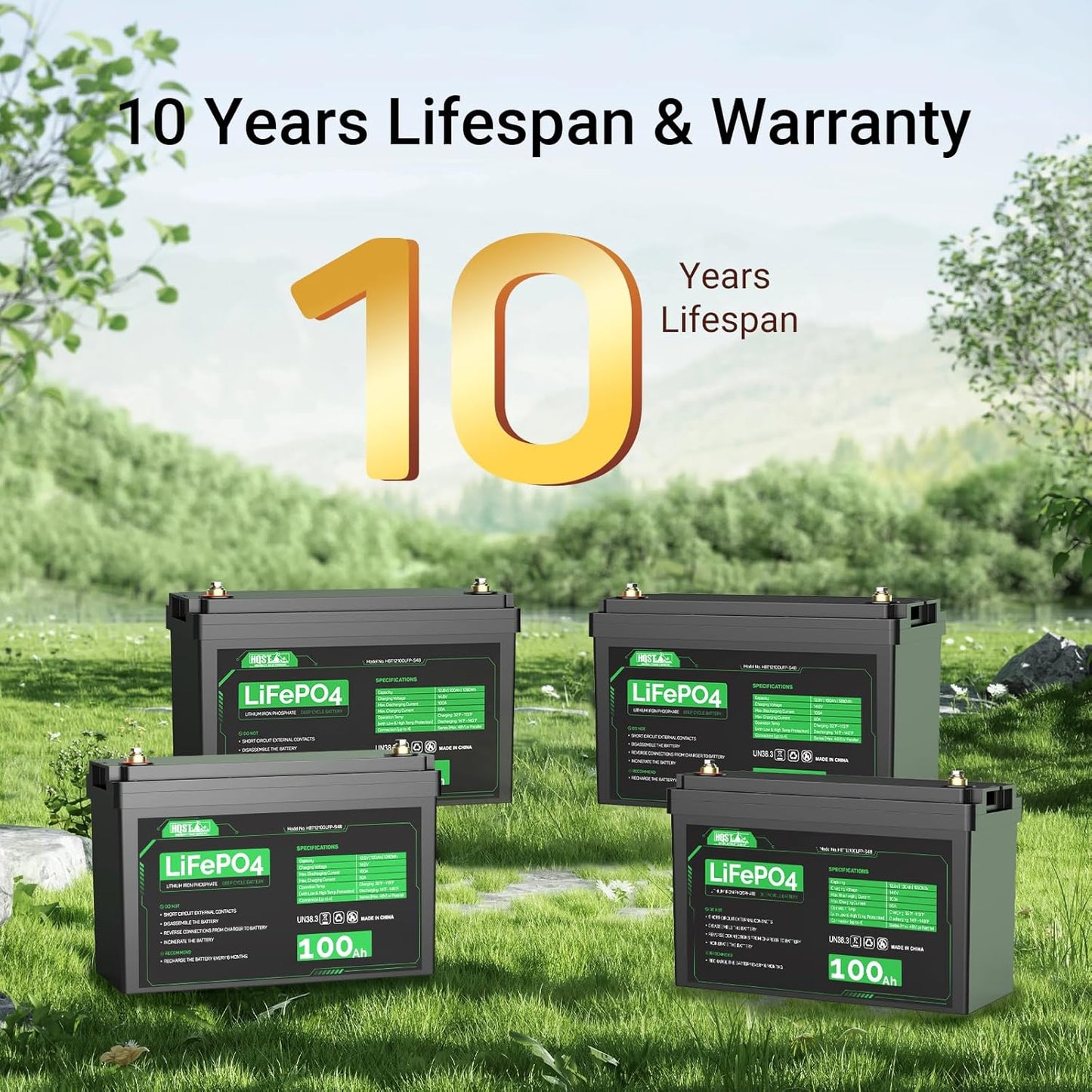 HQST LiFePO4 Battery 100ah Lithium Battery, 12V Lithium Iron Phosphate Battery Deep Cycle Marine Battery, 10 Year Lifetime with Low & High Temp Protection for RV, Trolling Motor, Boat-4 Pack