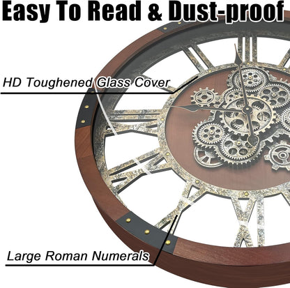 DORBOKER 27" Original Moving Gears Wall Clock, Large Industrial Wall Clock for Living Room Decor, Retro Metal Solid Wood Vintage Farmhouse Steampunk Rustic Clocks for Wall Decor,Black Walnut