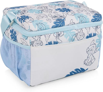 PICNIC TIME Disney Lilo & Stitch Modern Lunch Cooler, Insulated Lunch Box for Work, Travel, and Outdoor Use, Waterproof Cooler Bag with Adjustable Strap and Mesh Pockets, (White with Blue Leaf Design)